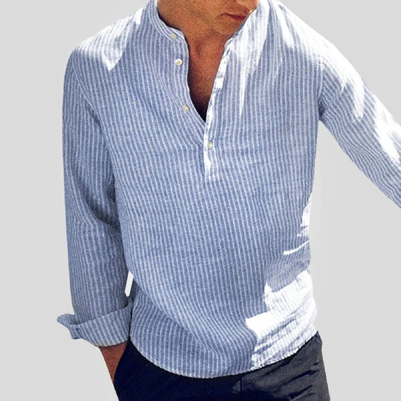 Men’s Long Sleeve Henley Shirt Cotton Linen Blend Striped