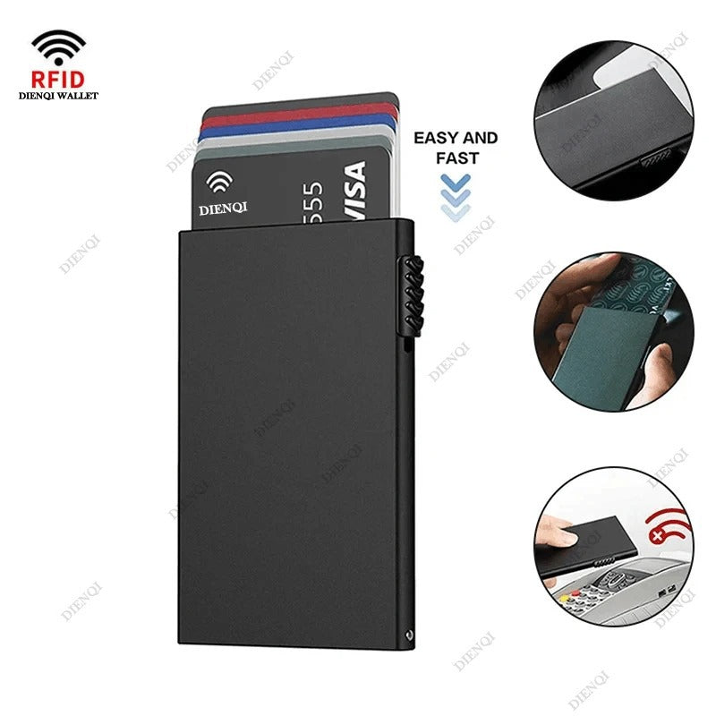 RFID-Blocking Minimalist Metal Wallet with Pop-Up Card Holder for Men and Women - Slim, Secure, and Stylish Black Design