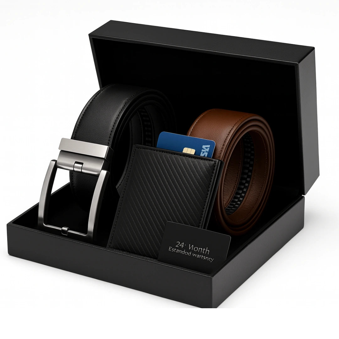 AutoFit Belt™ Executive Elite Gift Set – Self-Locking Buckle + 2 Luxury Straps + Card Holder + Premium Box | 50% Off