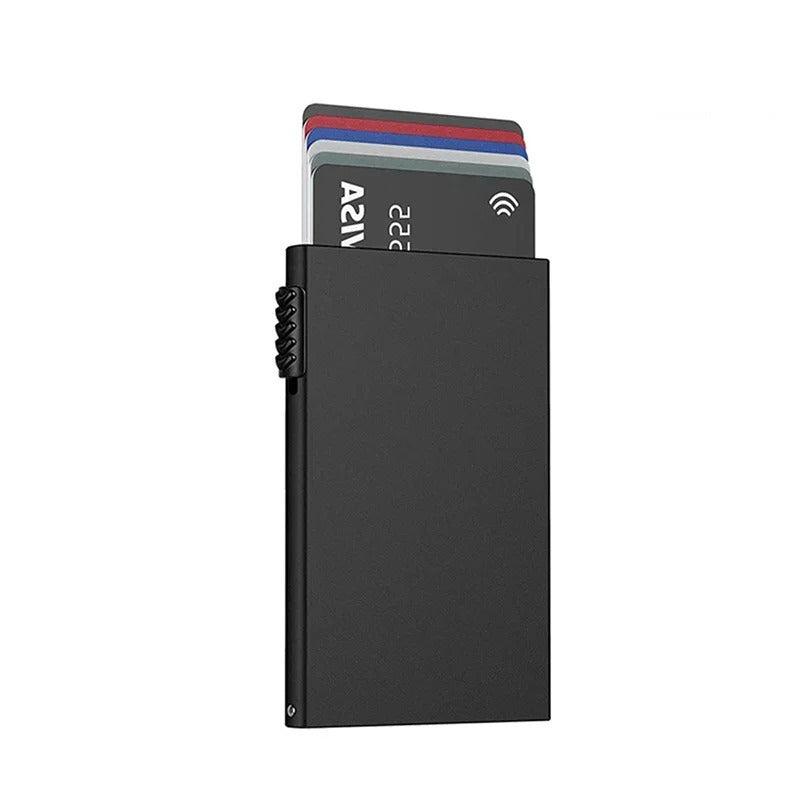 RFID-Blocking Minimalist Metal Wallet with Pop-Up Card Holder for Men and Women - Slim, Secure, and Stylish Black Design