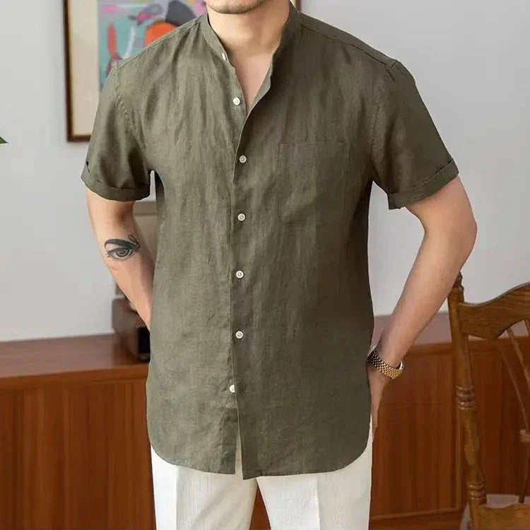 Linen Band-Collar Shirt — Long Sleeve