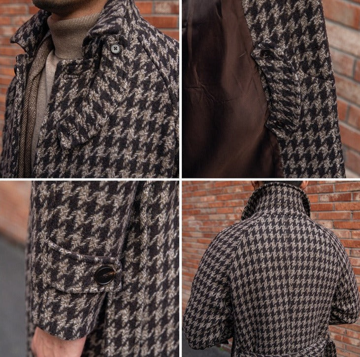 Houndstooth Edinburgh Belted Wool-Blend Coat