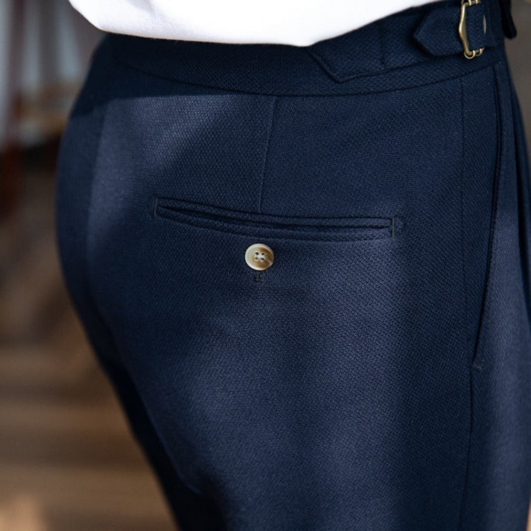 London Wool Blend Textured Double Pleated Trousers